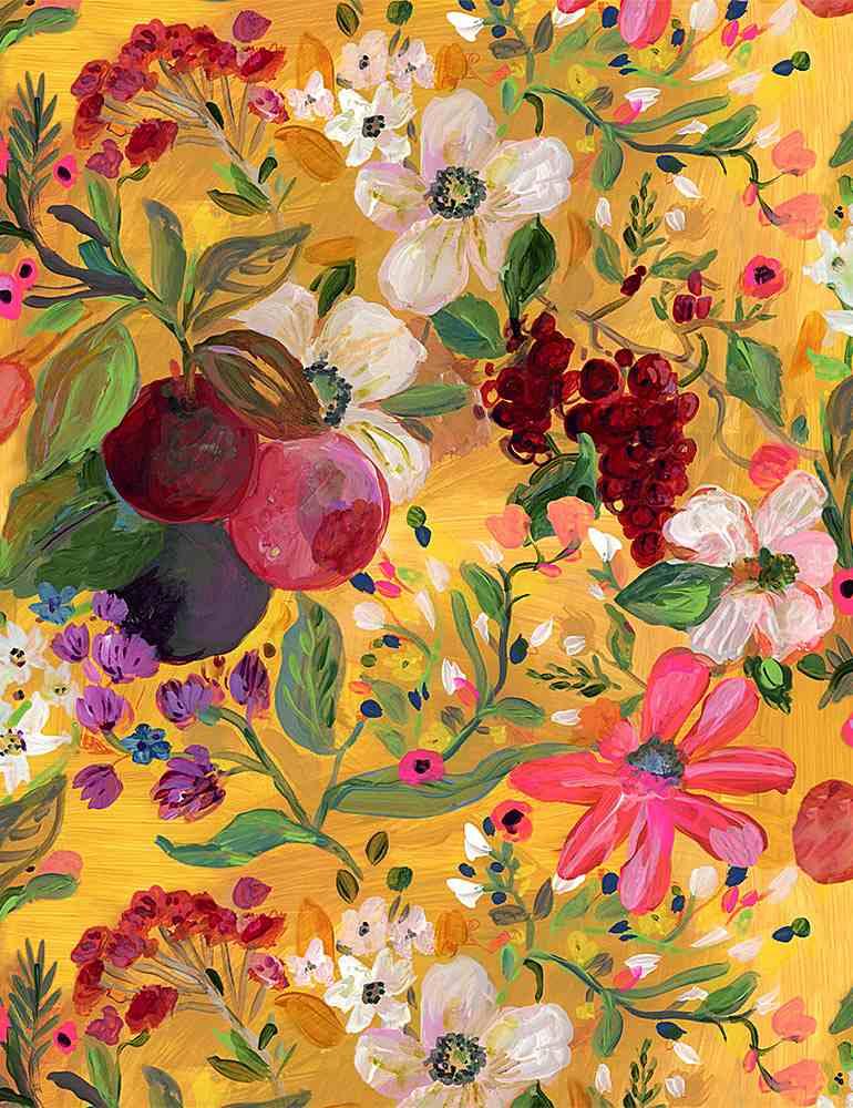Floral fabric with multicolor leaves, berries, and pink flowers on golden background
