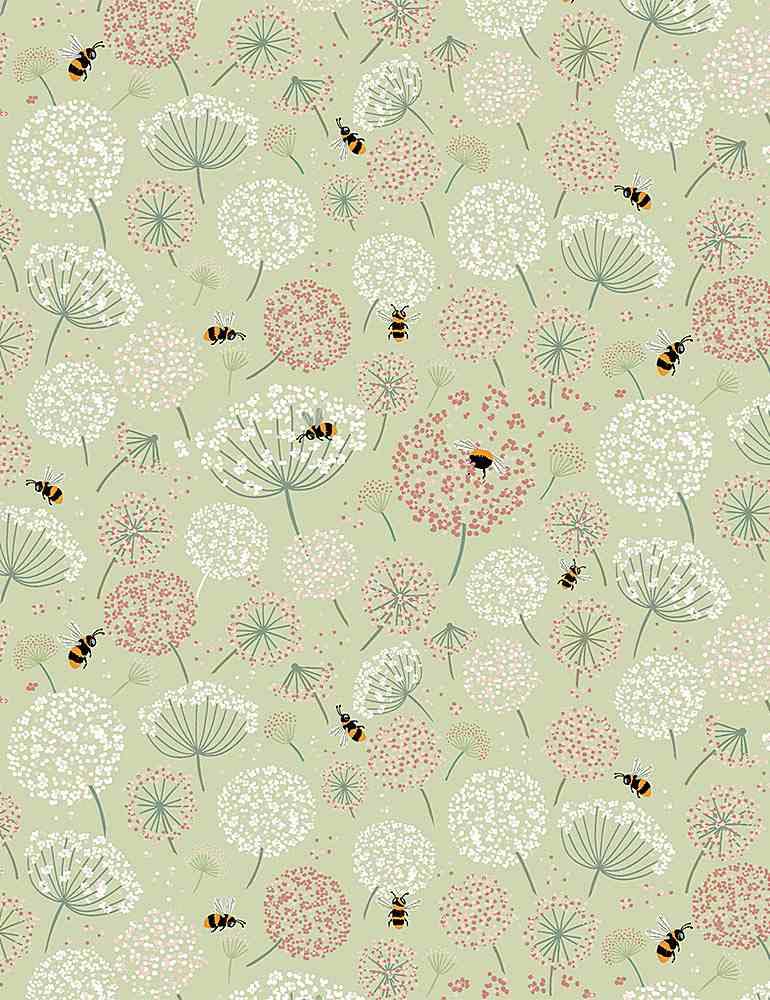 Bees and dandelion seed pattern fabric with light green and peach flowers