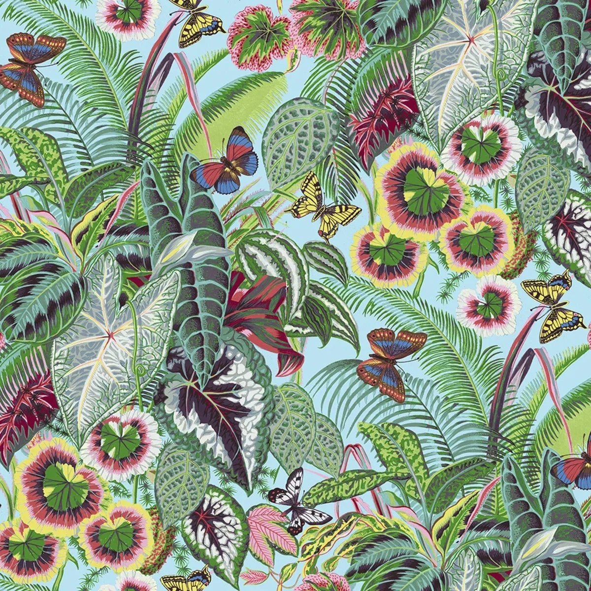 Tropical leaf and flower fabric with butterflies on aqua background