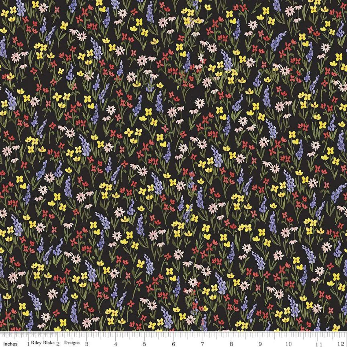 Floral cotton fabric with small multicolor flowers on dark background