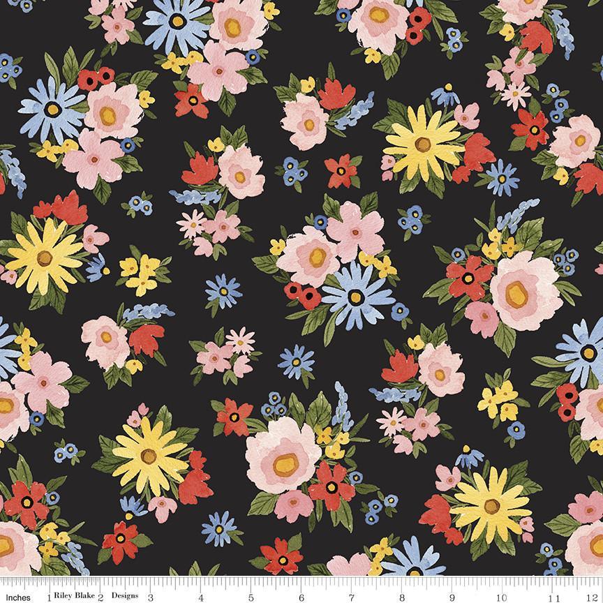 Black floral quilting cotton fabric, scattered multicolor flowers.
