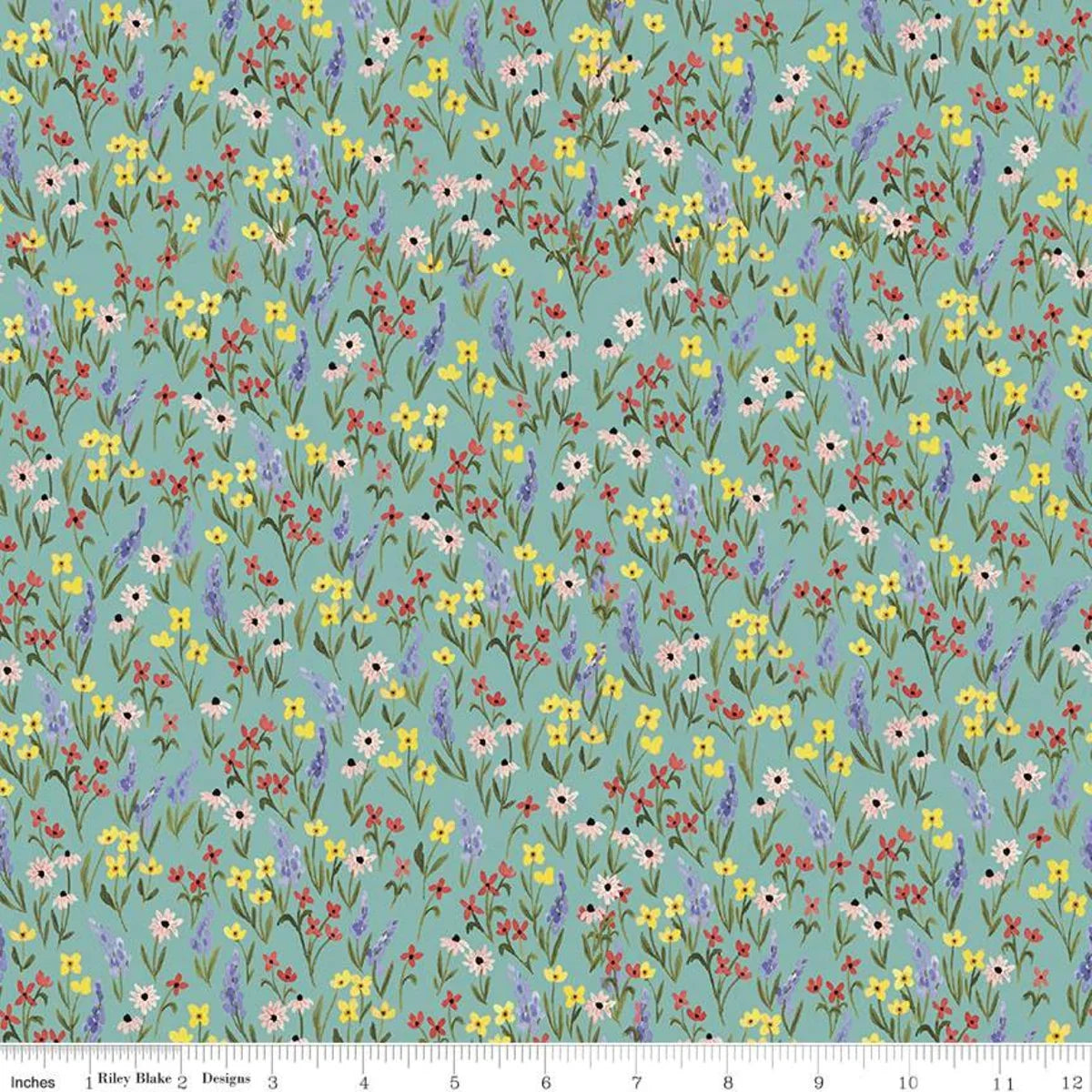 Floral cotton fabric with small yellow, pink, and white flowers on seaglass blue
