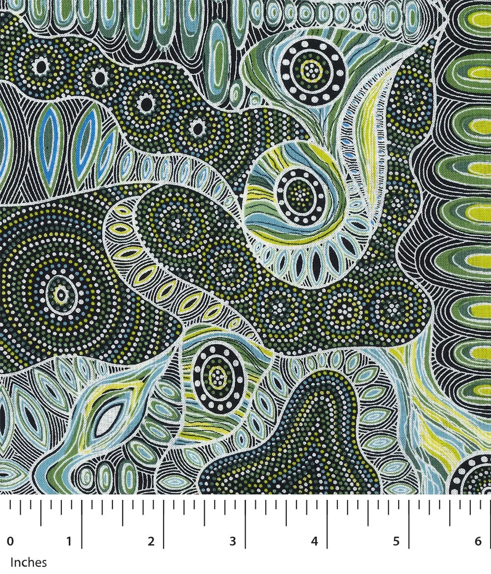 Printed fabric with abstract circular motifs in green, blue, and black on light ground