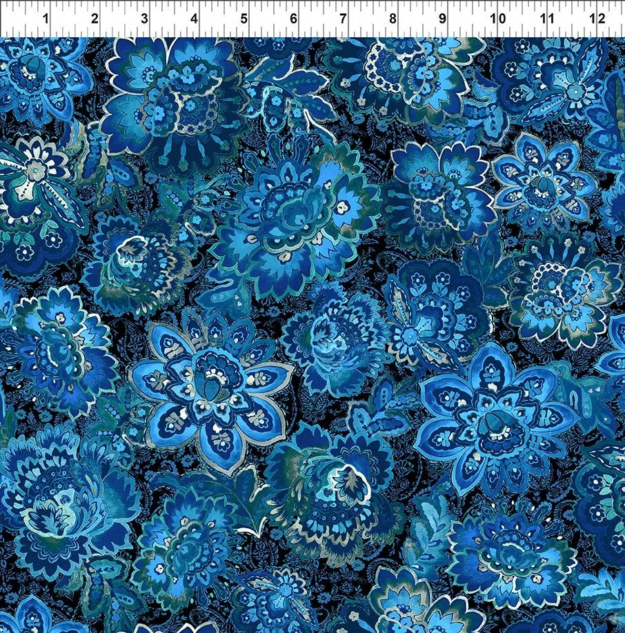 Blue floral fabric with ornate damask-style blooms and paisley motifs
