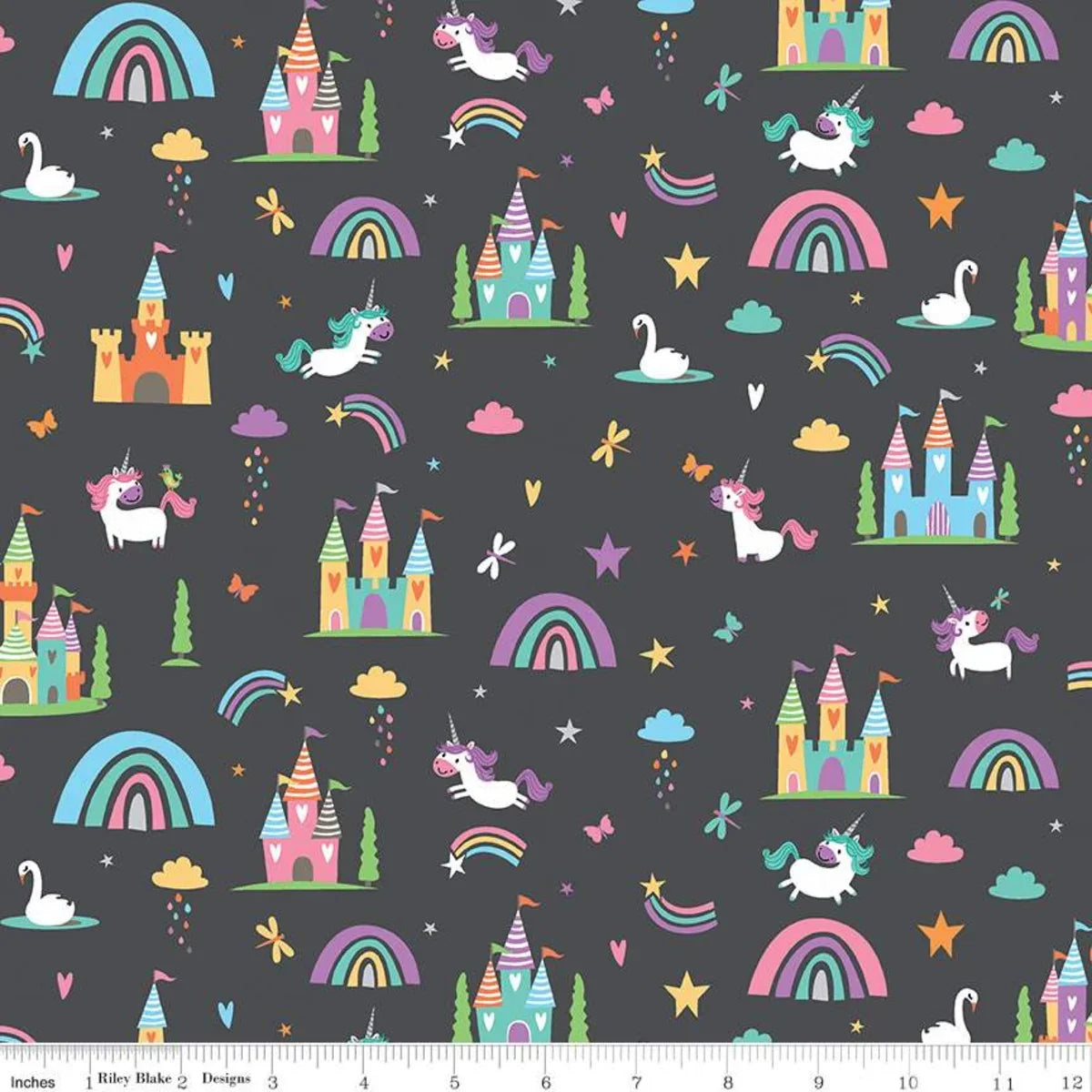 Charcoal fabric with repeating unicorn, castle, rainbow and stars pattern