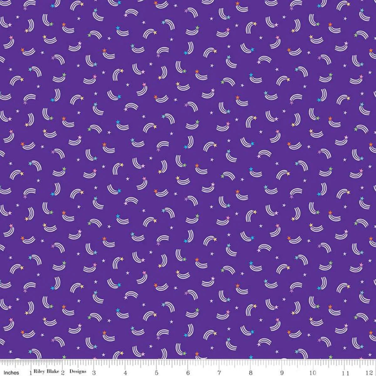 Purple fabric with repeating rainbow and shooting star pattern, small scale