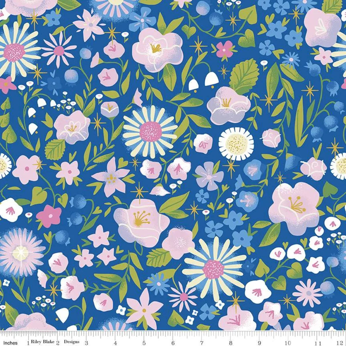 Floral cotton fabric with pink, white, and yellow flowers on dark blue background