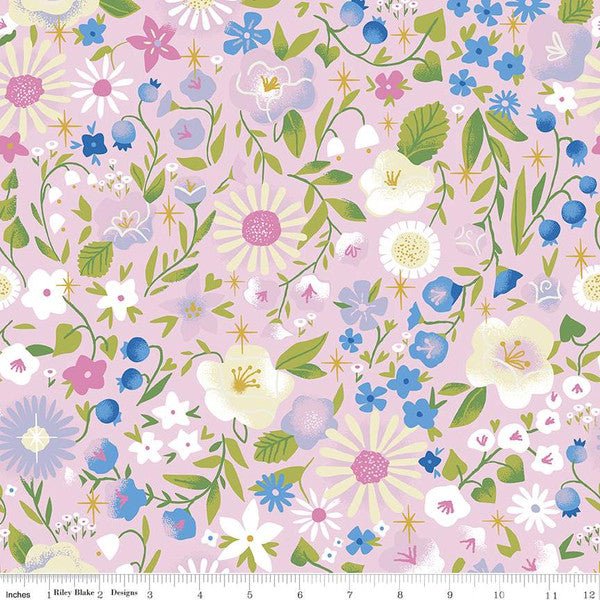 last chance one yard cut Little Brier Rose Floral Pink Sparkle from Riley Blake