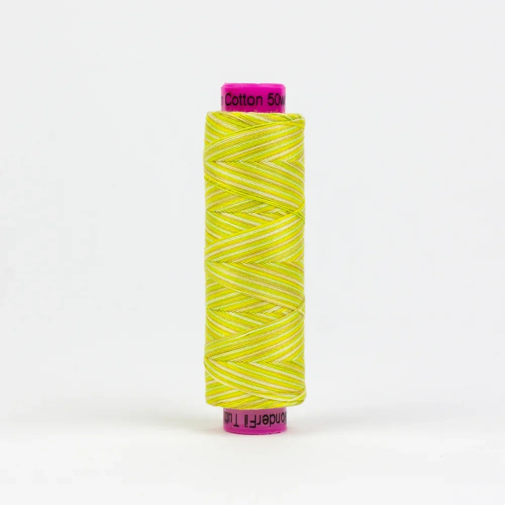 Cotton yarn spool in yellow-green with purple end caps, tightly wound thread.