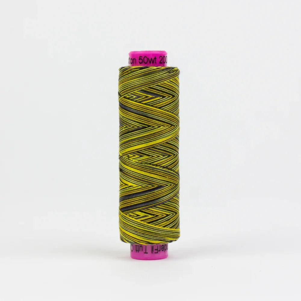 Lime green and dark navy striped sewing thread spool, small.