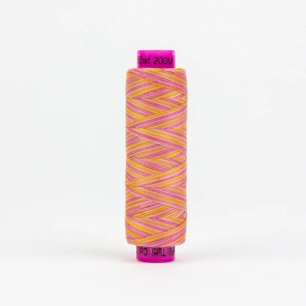 Variegated yarn spool with pink-purple and yellow striped thread