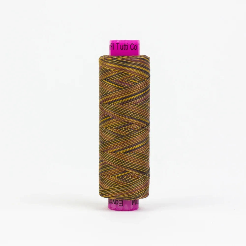 Multicolor yarn spool with chevron pattern, brown and olive tones
