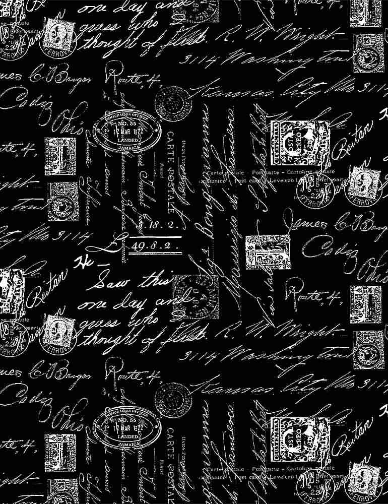 Black fabric with scattered white fancy script, stamps, and symbols