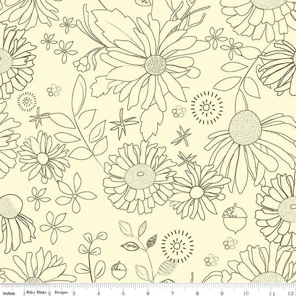 Floral cotton fabric in autumn cream with outlined daisies, flowers, and leaves pattern