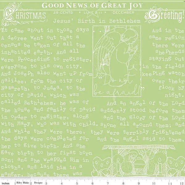 Green Christmas fabric with white tree and scripture-style text