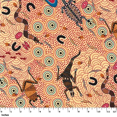 Ecru patterned fabric with red and orange animal motifs, dots, and swirls