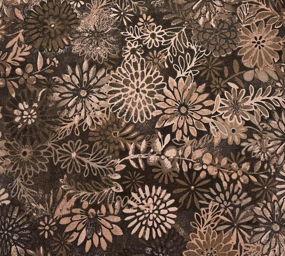 Brown floral fabric with cream leaf and flower print