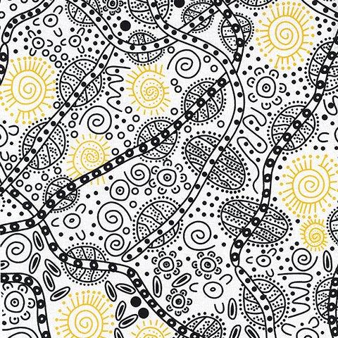White fabric with black line-art and yellow sunburst patterns