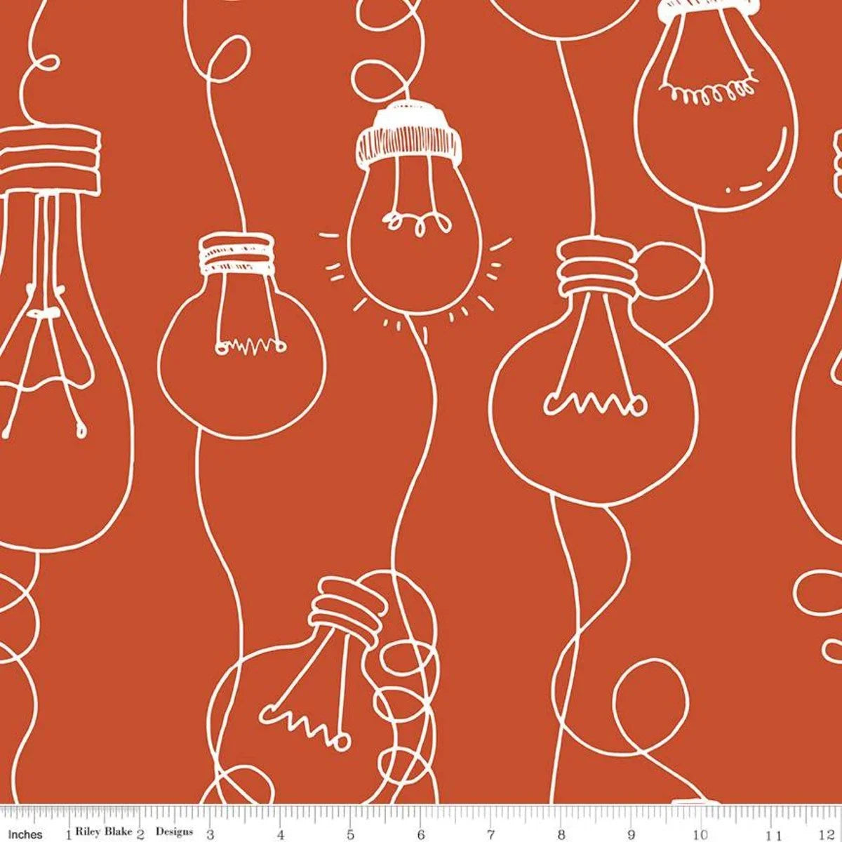 Red fabric with white outline coffee-themed cafe bulbs pattern