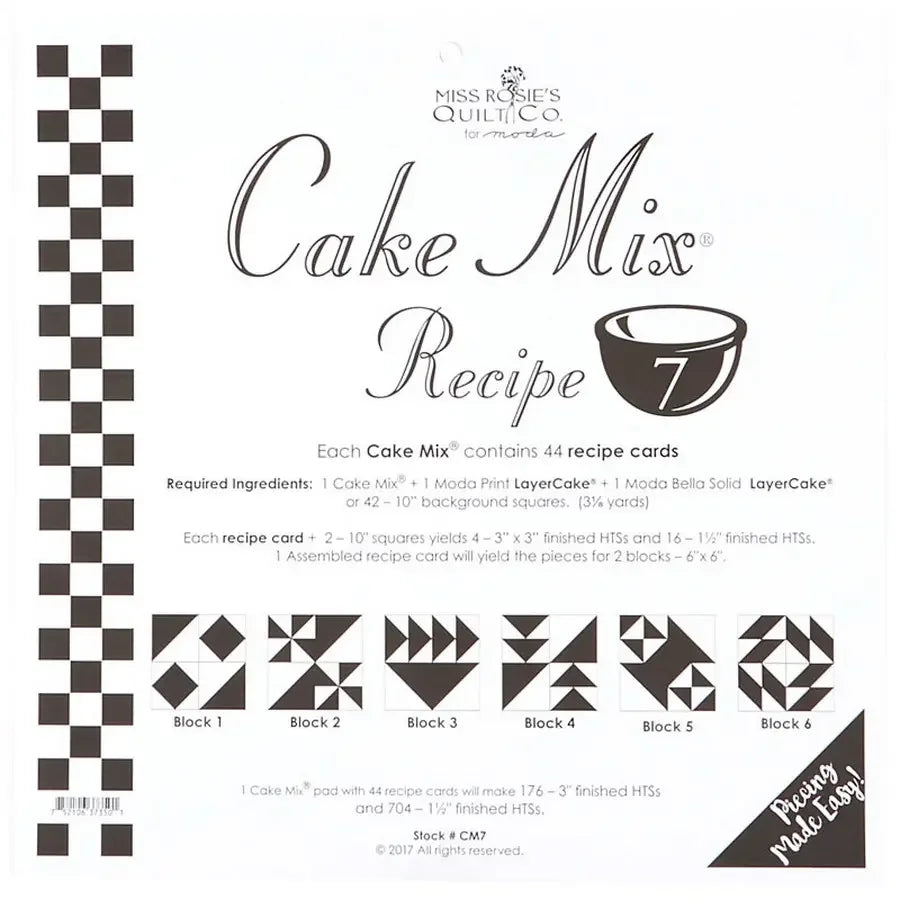 Printed cake mix recipe card for Recipe 7, showing quilt block layout and icons