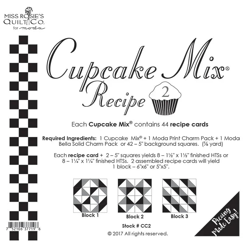 Cupcake Mix Recipe 2 card pack with cupcake and quilt block diagrams