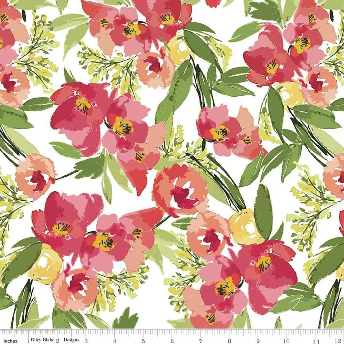White floral cotton fabric with pink and yellow blossoms and green leaves