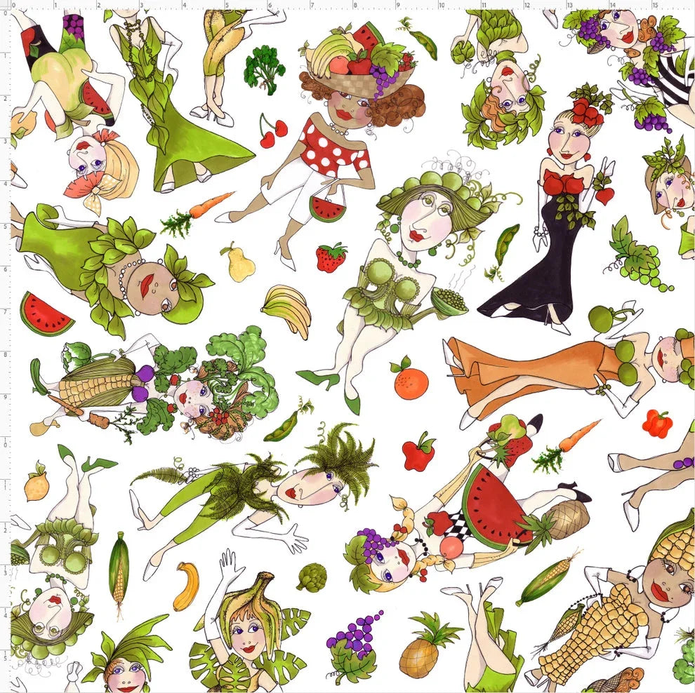 Printed fabric with whimsical cartoon garden characters, fruits, and vegetables