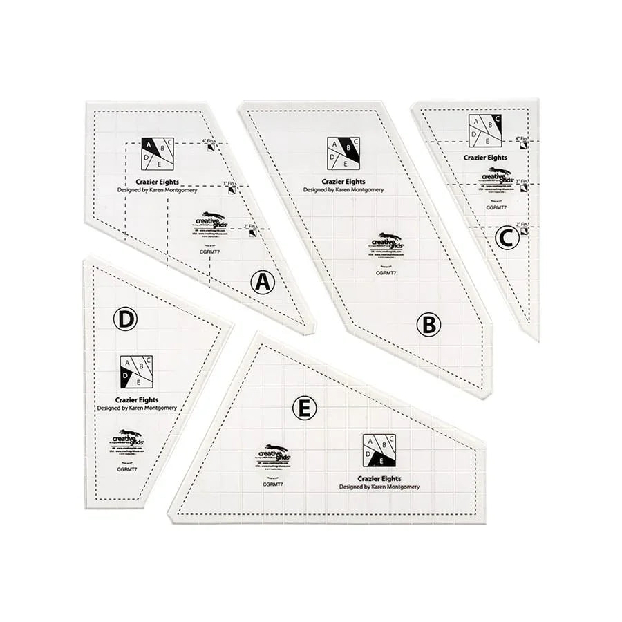 Quilt template set with five labeled paper patterns (A–E) and block diagrams