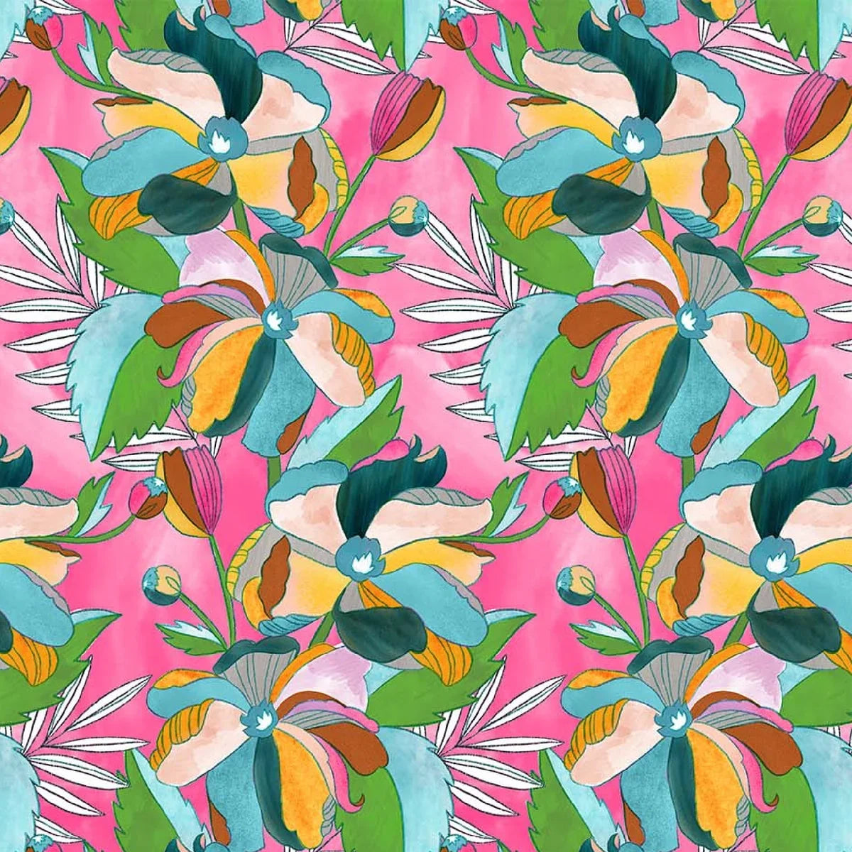 Floral fabric yardage with pink base and teal, green, orange, blue flower pattern
