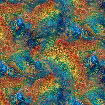 Marbled abstract fabric in teal, orange, blue, and green with textured swirls