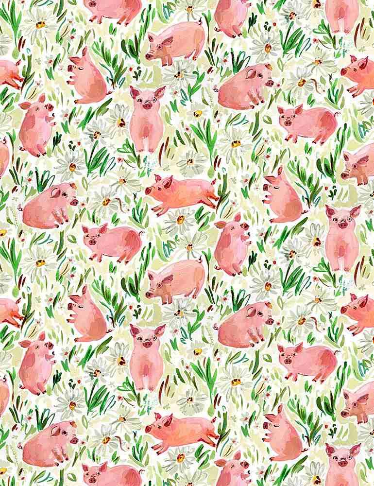 Pig and flower pattern fabric with pink pigs, white base, and green foliage