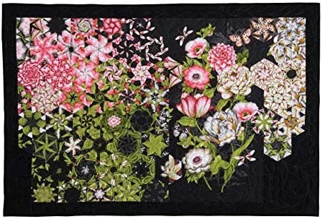 Floral quilt panel with pink and white flowers on dark background