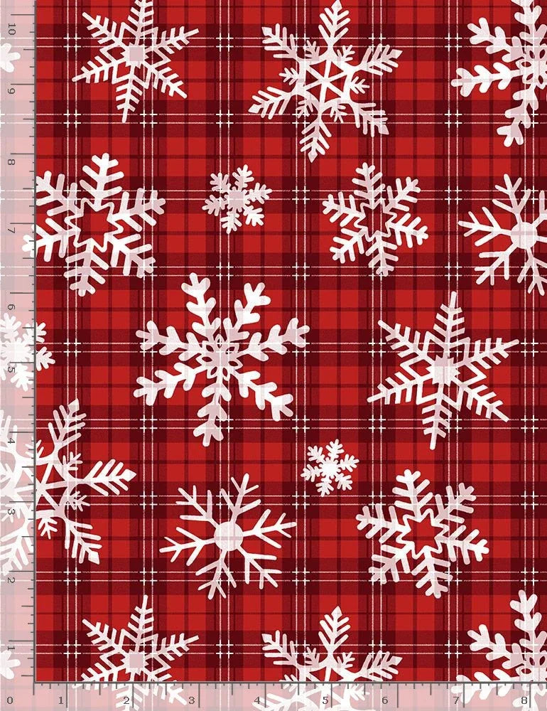 Red plaid fabric with white snowflake pattern