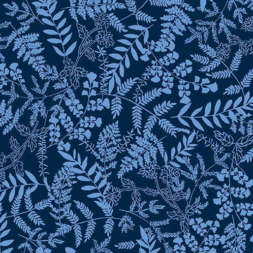 Navy and blue botanical leaf fabric with light blue outlined foliage pattern
