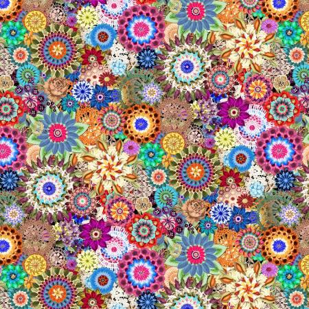 Floral crochet wide back fabric with multicolor circular flower pattern