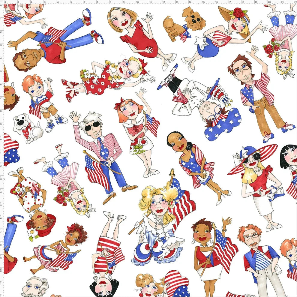 Patriotic cartoon character fabric with stars and stripes repeat