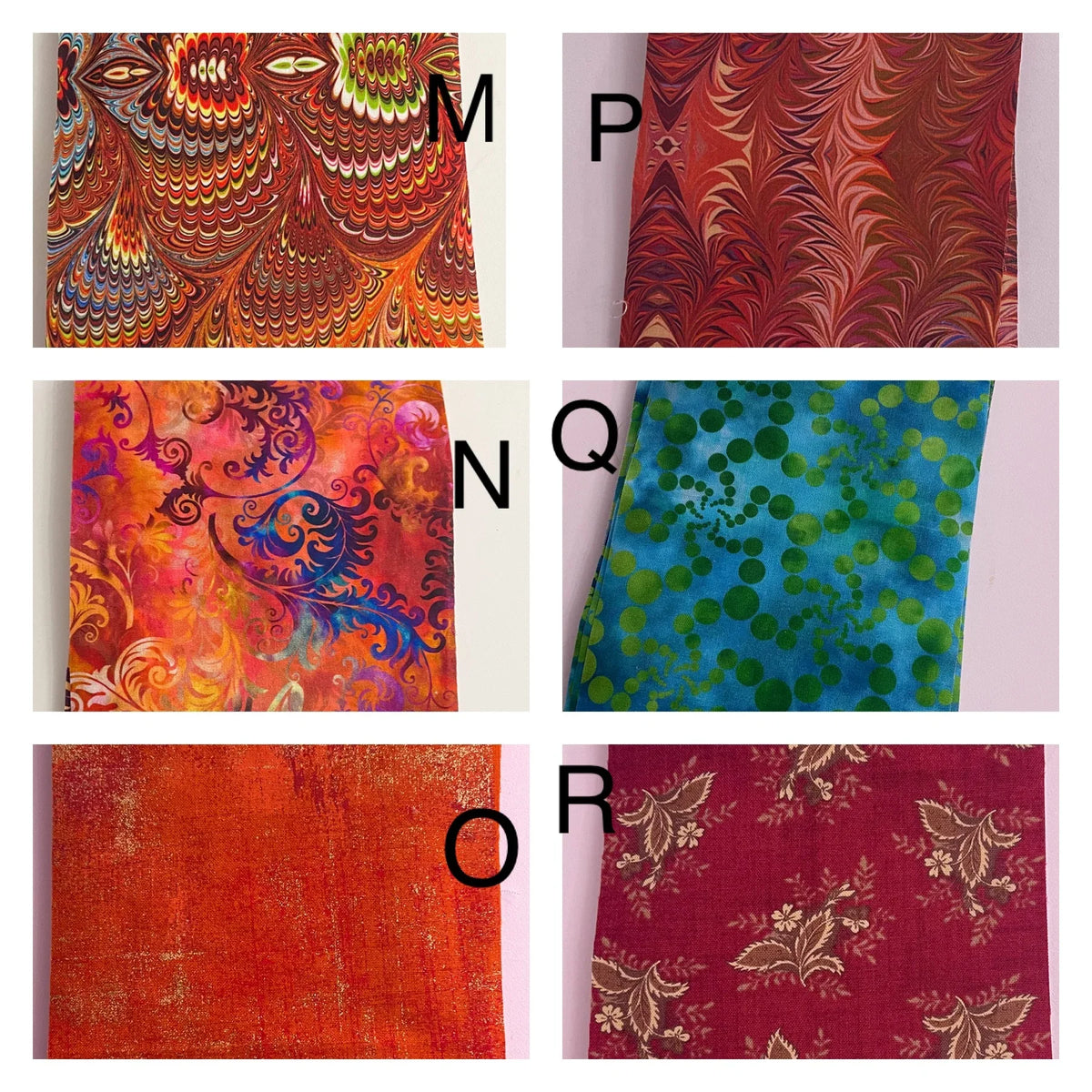 Fabric collage palette piece with six multicolor printed swatches, owl, swirls, dots, damask
