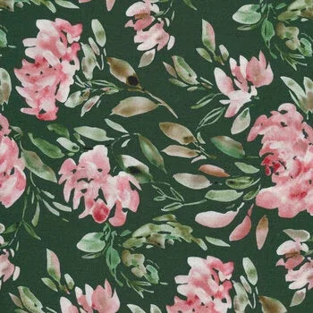 Floral fabric with pink and rose flowers on dark green background, leaf pattern