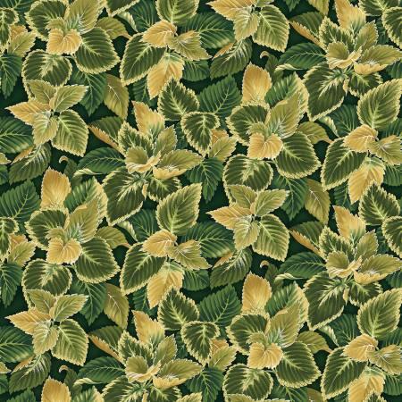 Coleus leaf fabric with overlapping green and yellow patterns
