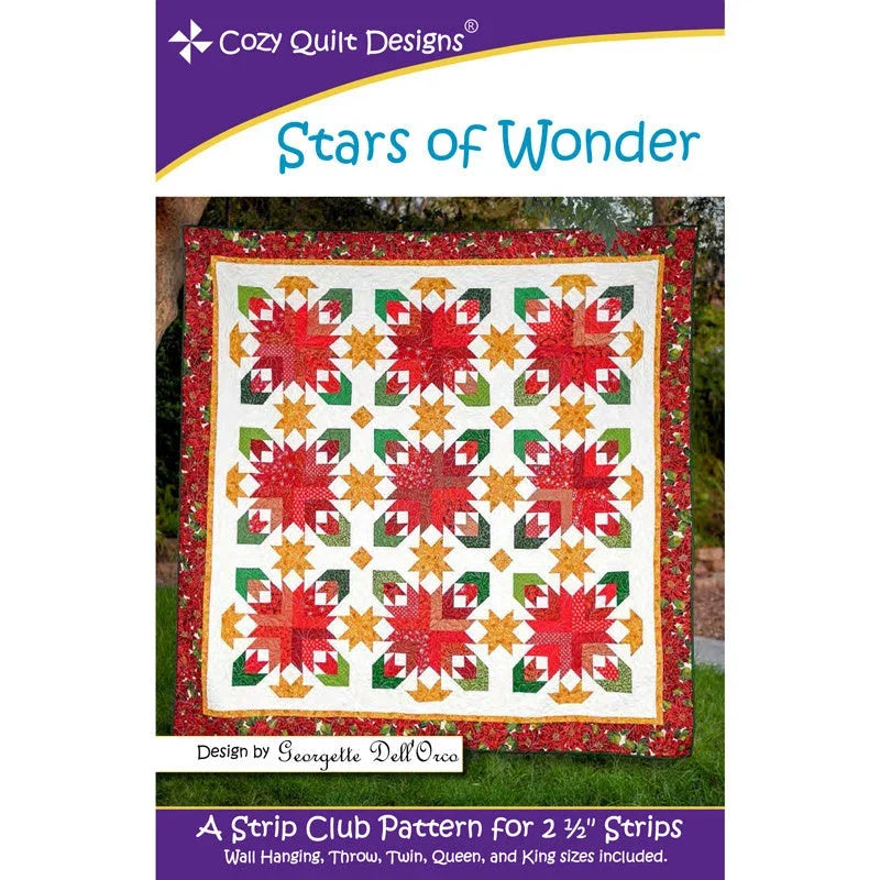 Quilt pattern cover featuring red, green, and cream star blocks and border