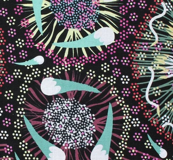 Black fabric with abstract floral and leaf pattern in pink, teal, and white accents