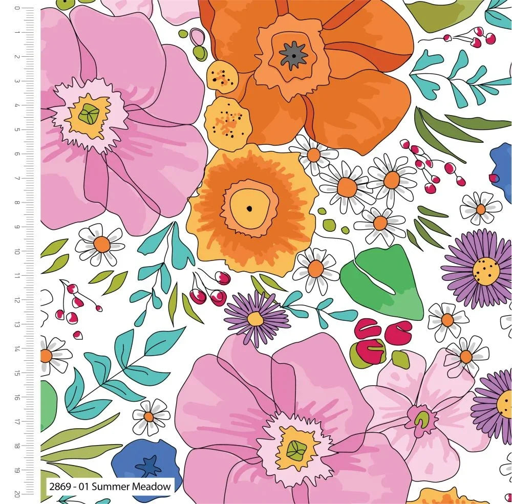 Wild Dreams Summer Meadow fabric panel with pink, orange and purple flowers