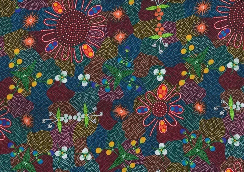 Printed fabric with multicolor floral and bush flower pattern
