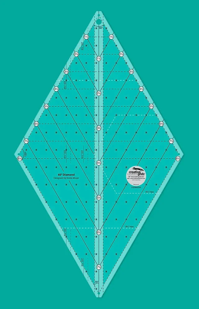 60° diamond ruler with non-slip grip dots and etched quilting angle lines
