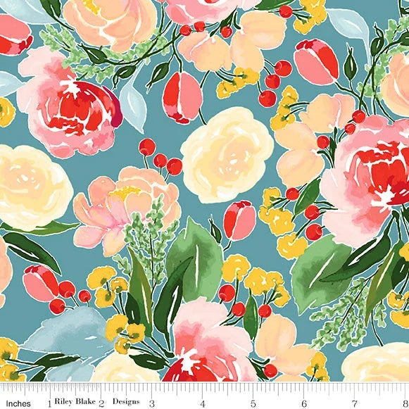 Floral quilting fabric with teal background and pink roses, tulips, and yellow blooms