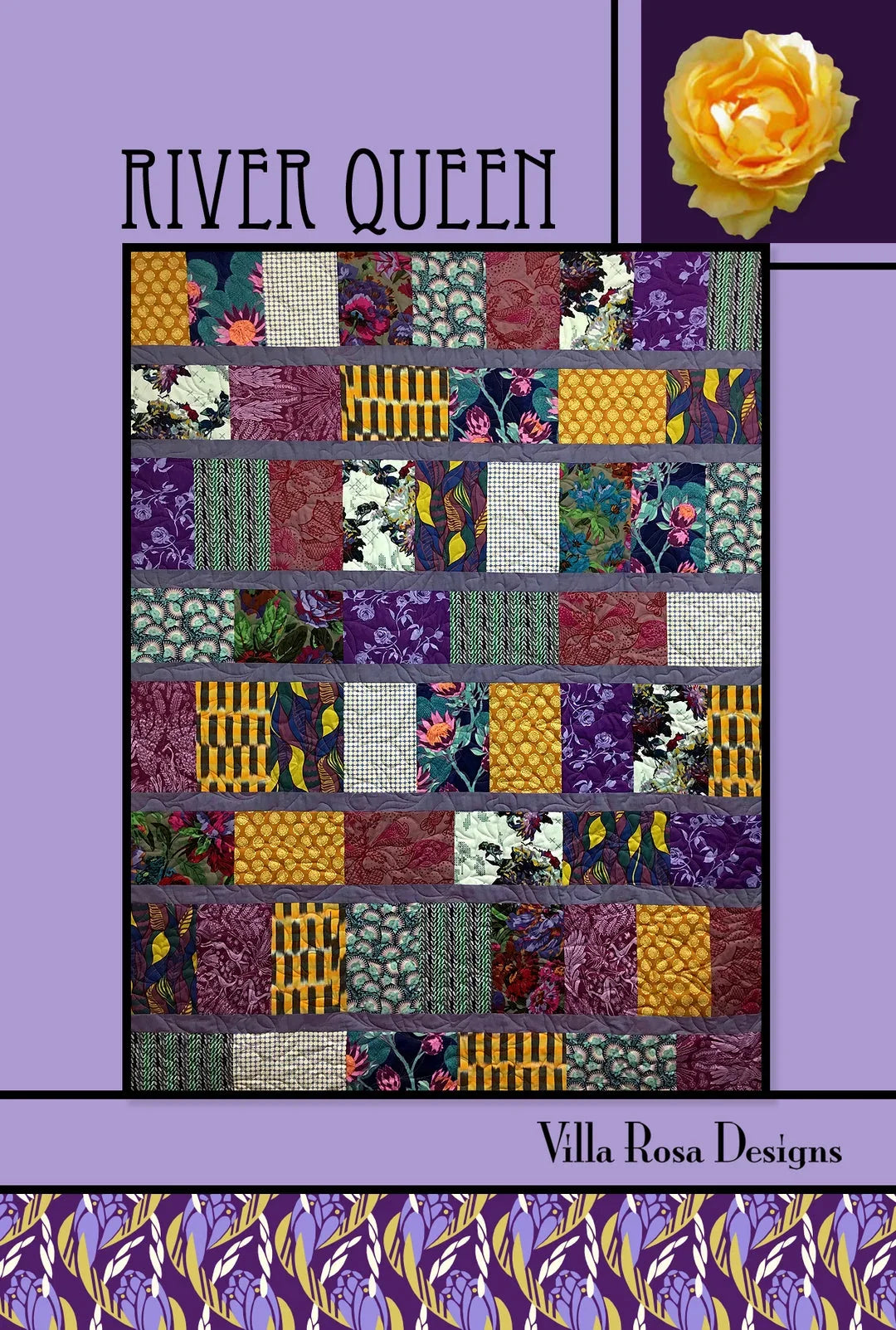 Quilt pattern sheet with multicolor patchwork blocks in purple, floral and geometric designs