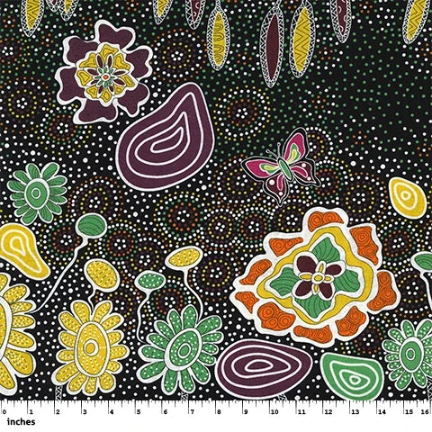 Black fabric with colorful floral and paisley pattern, dotted accents