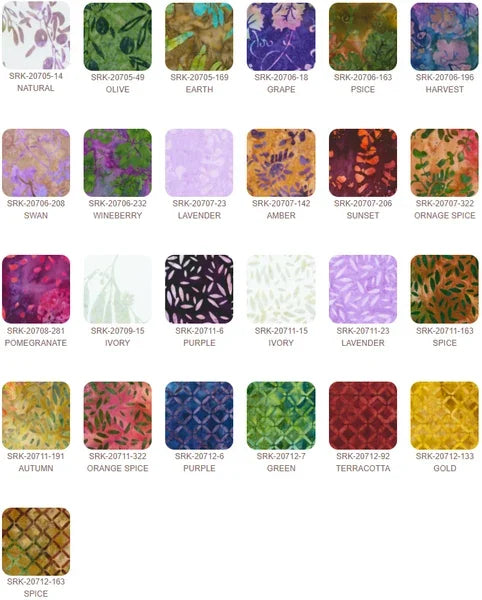 5-inch charm squares assortment, colorful batik print swatches in grid