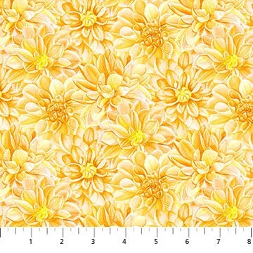 Yellow floral fabric with scattered dahlia blossoms pattern, woven texture