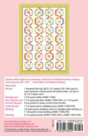 Quilt pattern booklet back cover with multicolor block diagram, text, and barcode